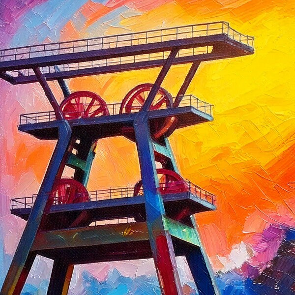 Buntes Gemälde eines Förderturms im Ruhrgebiet bei Sonnenuntergang, in kräftigen Farben und expressionistischem Pinselstil dargestellt.