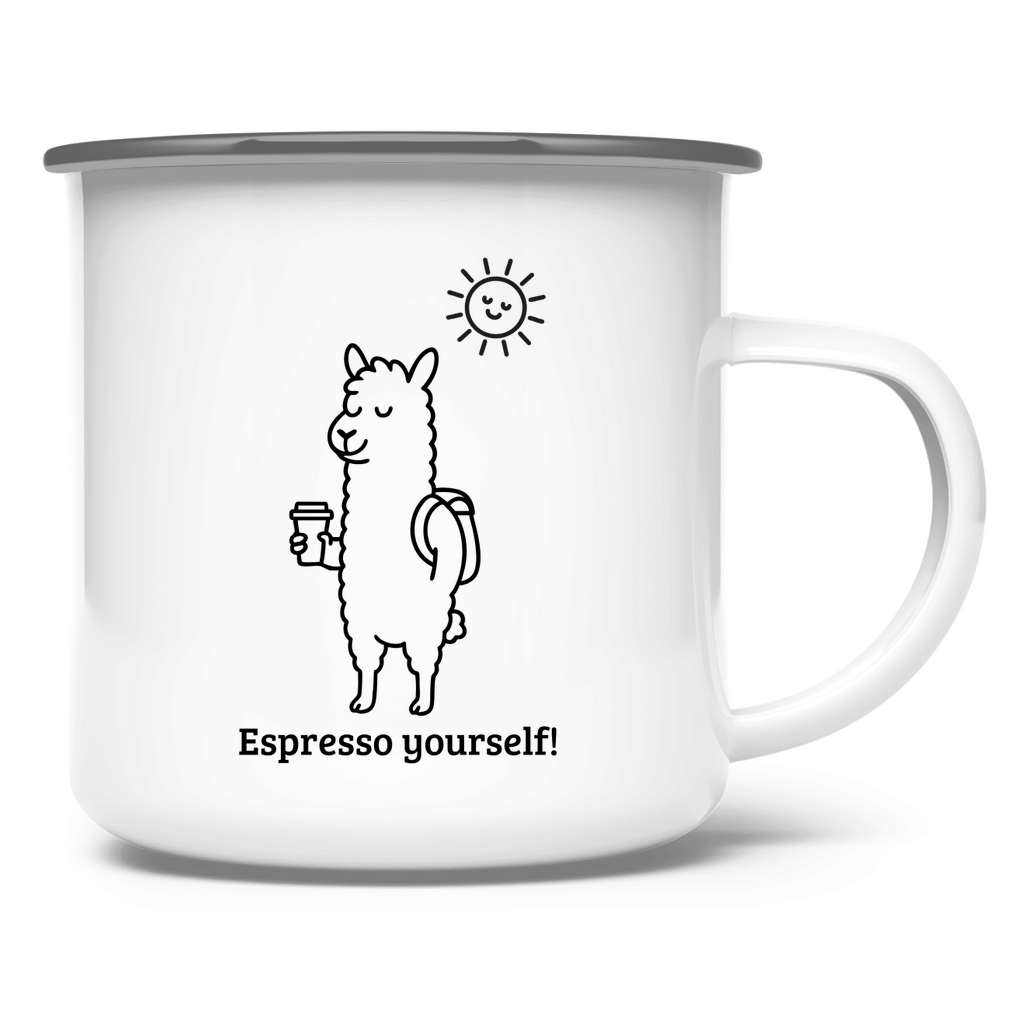 Alpaka Emaille-Tasse „Espresso yourself!“ – dein Statement für Kaffee mit Charakter
